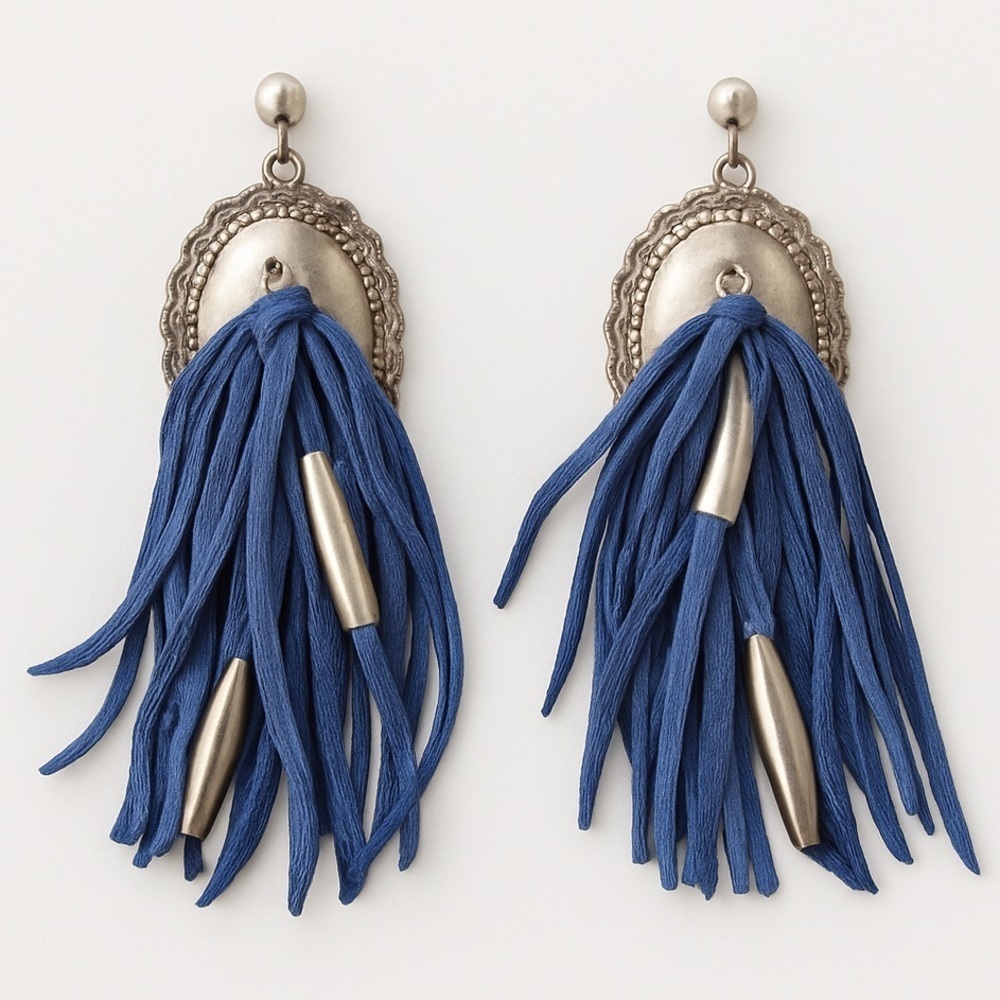 Navajo Silver and Blue Leather Tassel Earrings